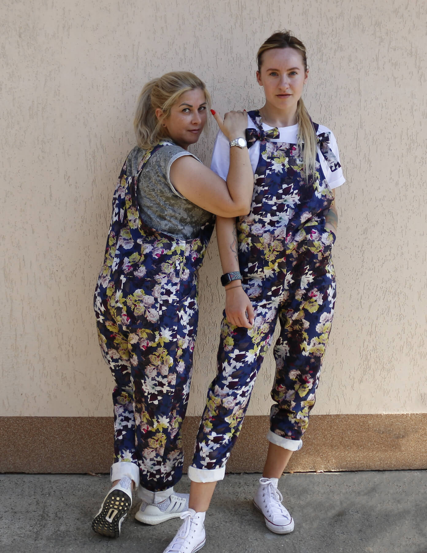 product image of YAYS Happy Days: Cotton Dungaree - Pastel Blue, two female models posing, one front and back, full view